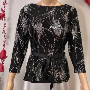 ALEX Evenings - Elegant Black and Silver Firework Sequin Women's Top-size Med